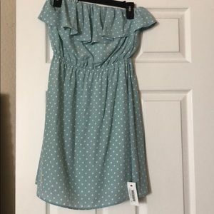 Strapless light blue polka dot dress
